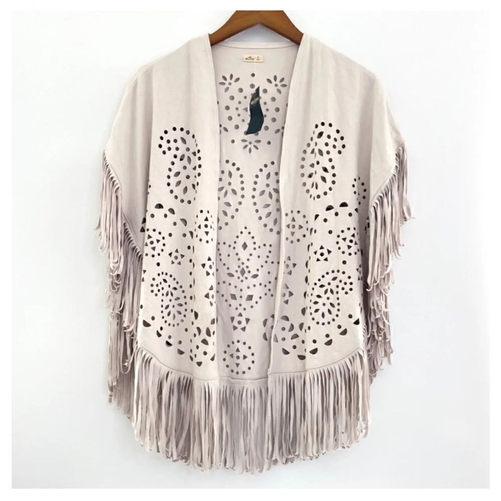 NWT Hollister Cream Boho Fringe Faux suede Cardigan Poncho Sz XS